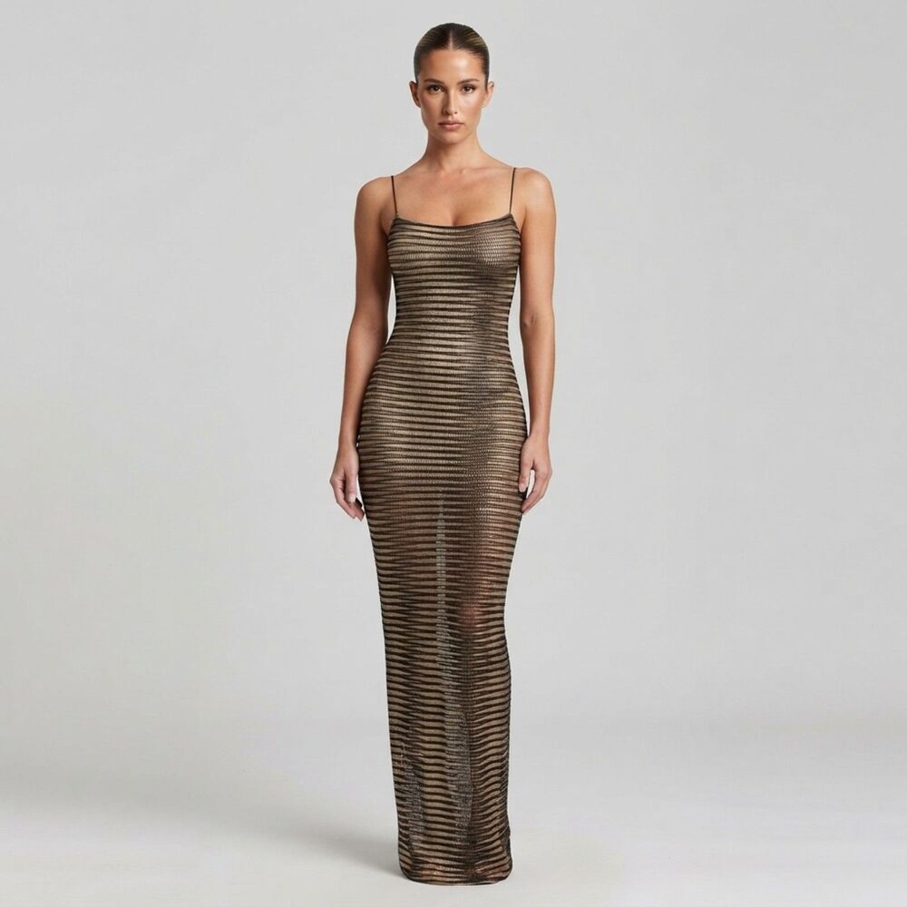 Naked Wardrobe Brown Cream Striped Sheer Mesh Maxi Dress Small